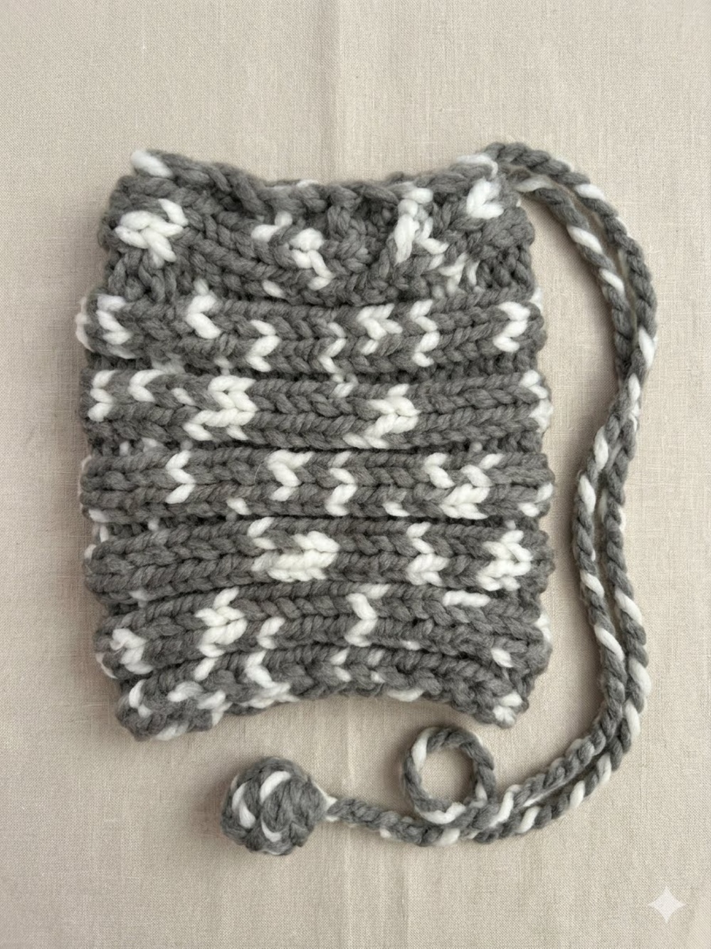 Chunky Knit Beanie Hat Gray White Speckled Pom Pom Aviator Cap
